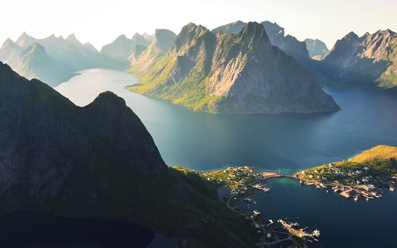 Village in Fjord Landscape — Green, Serene
