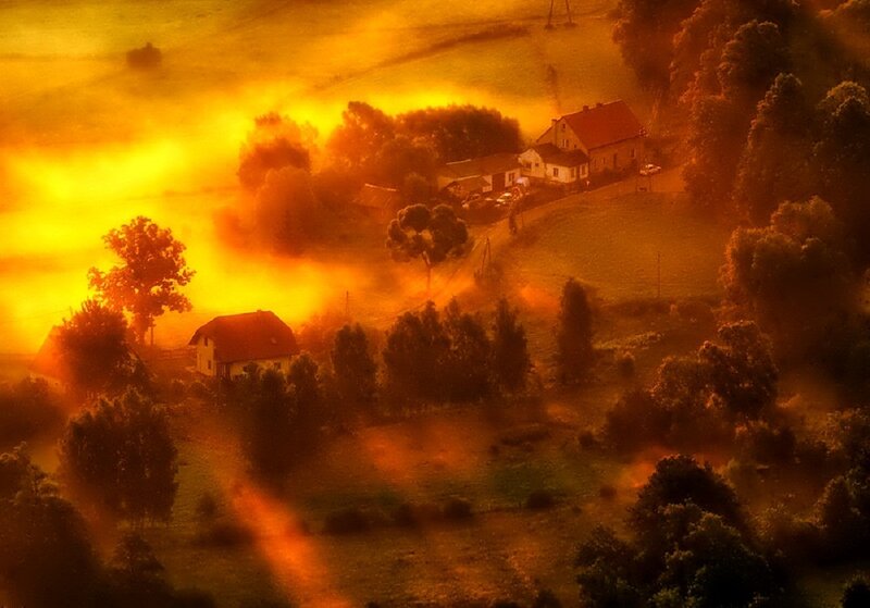 Village in Foggy Sunrise