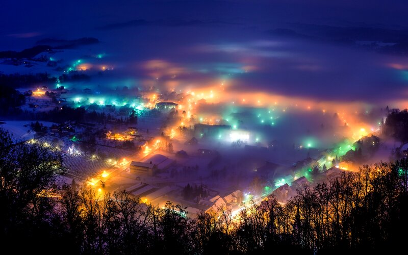 Village in Foggy Valley — Blue, Dramatic