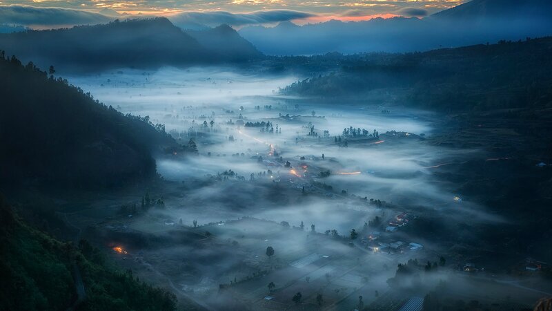 Village in Foggy Valley — Blue, Serene, Morning