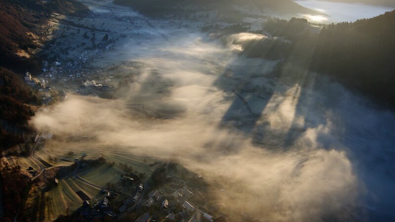 Village in Foggy Valley — Gray