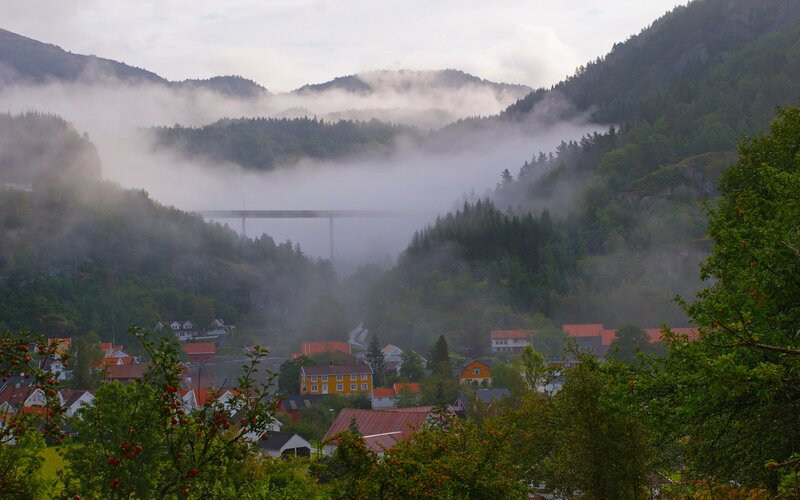 Village in Foggy Valley — Green, Misty