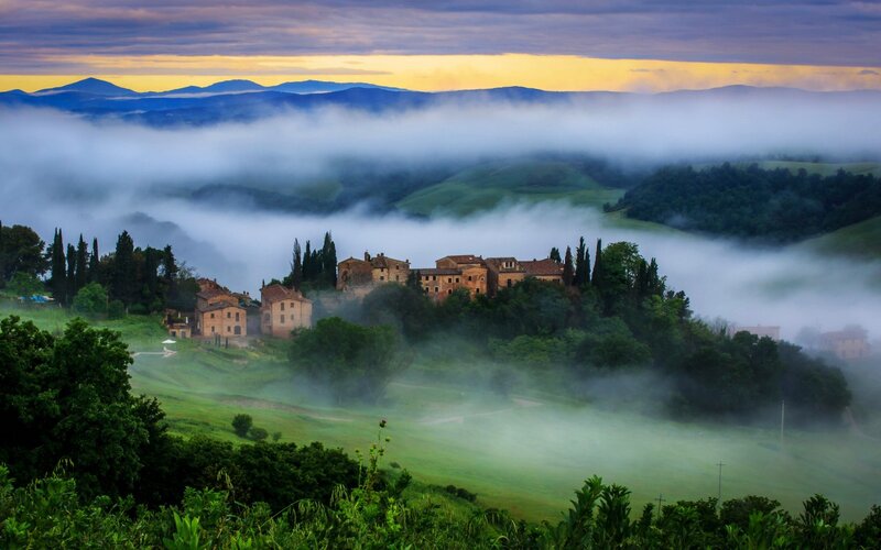 Village in Foggy Valley — Green, Serene