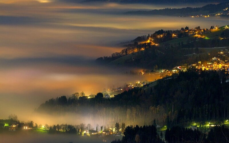 Village in Foggy Valley — Yellow, Serene