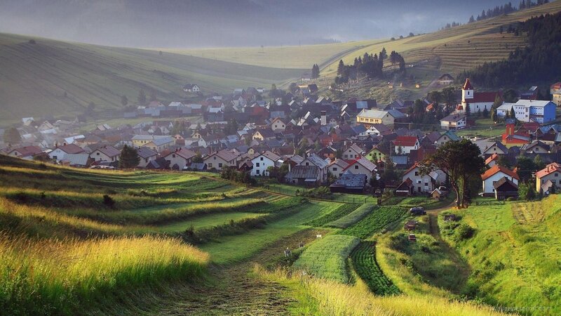 Village in Green Hills — Serene, Morning, Photograph