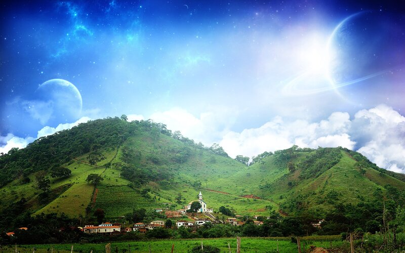 Village in Green Hills — Serene, Night