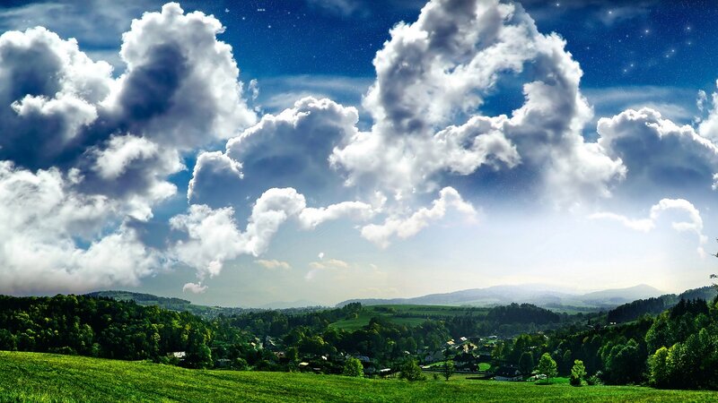 Village in Green Valley — Serene, Afternoon, Photograph, Clouds, Hills