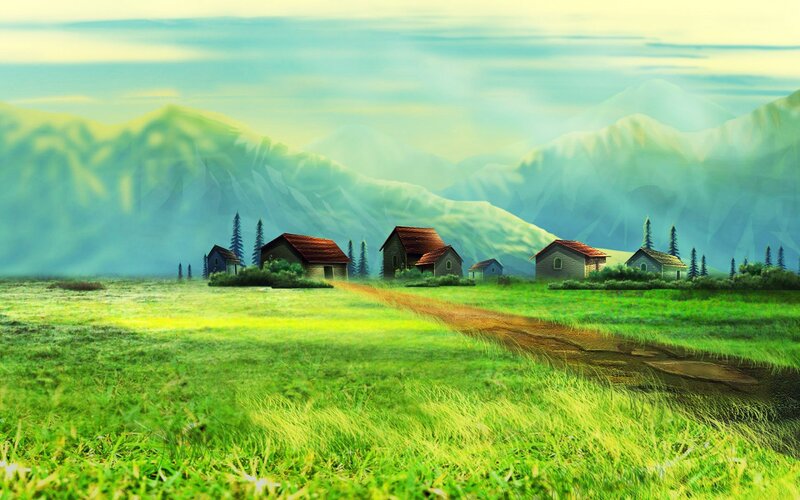 Village in Green Valley — Serene, Morning, Digital Art, Mountains