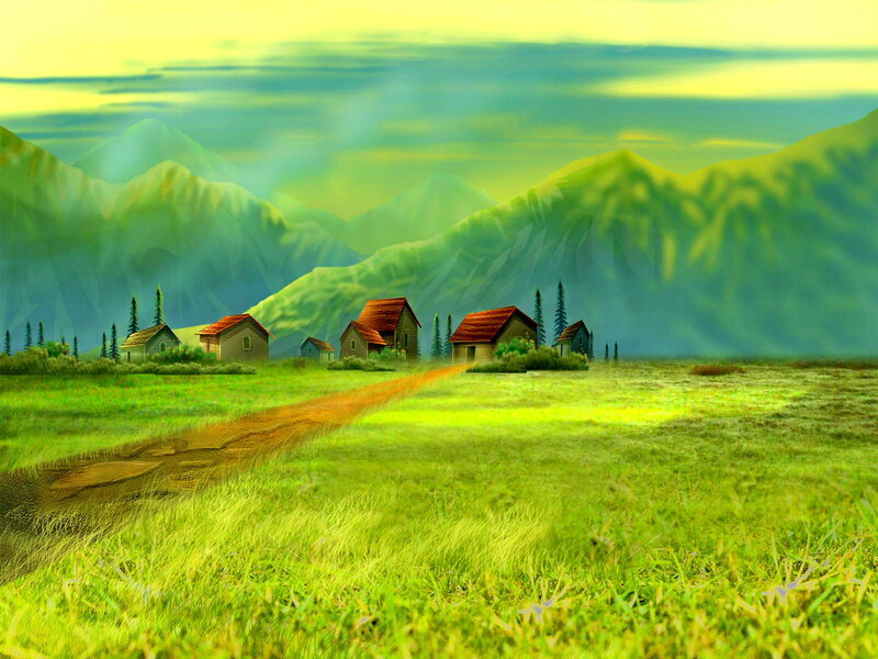 Village in Green Valley — Serene, Morning, Digital Art