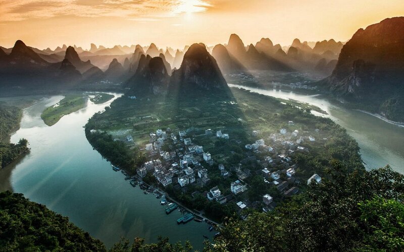Village in Karst Landscape — Green, Serene