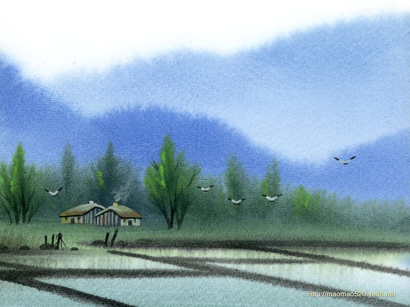 Village in Misty Landscape