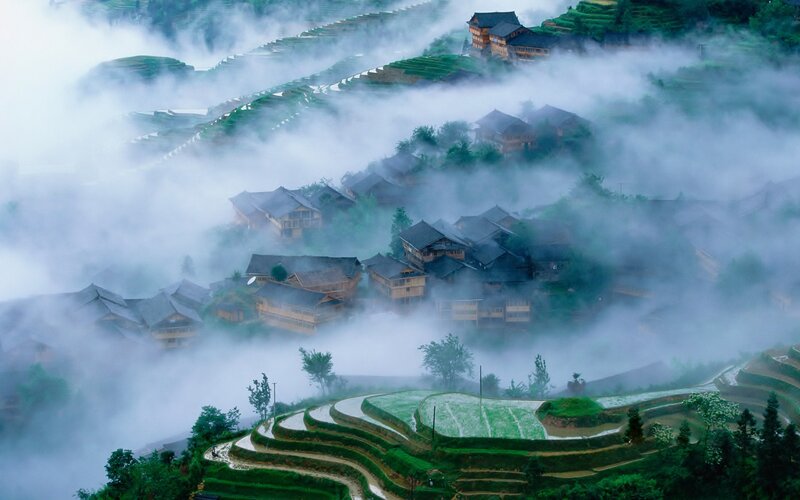 Village in Misty Mountains — Green
