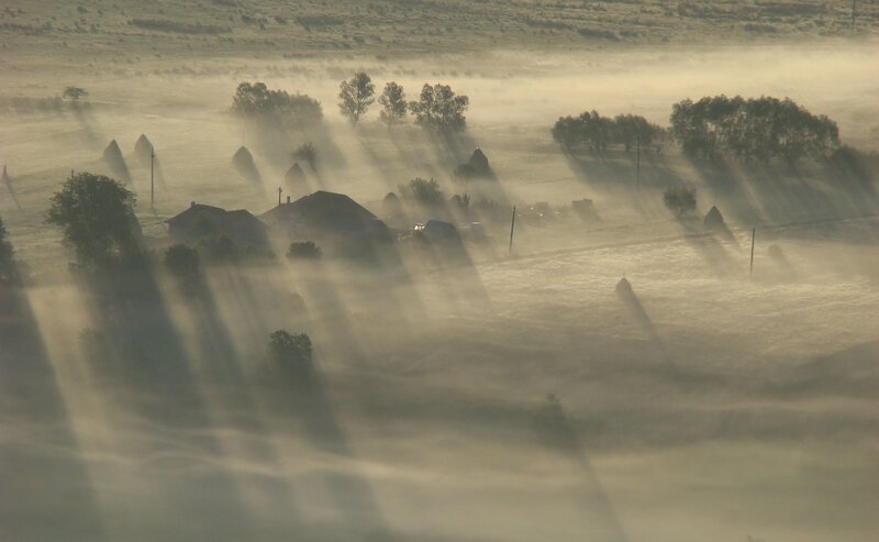 Village in Morning Fog — Gray
