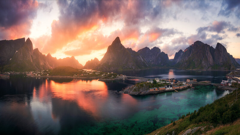 Village in Mountain Fjord — Orange, Dramatic