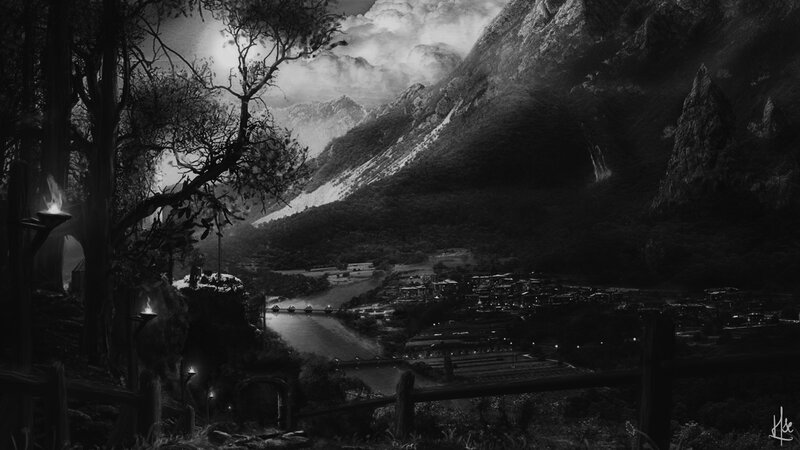 Village in Mountain Valley — Black, Dramatic, Night
