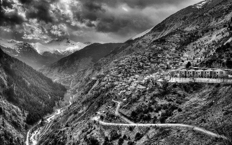Village in Mountain Valley — Black, Dramatic