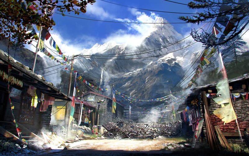 Village in Mountain Valley — Blue, Dramatic, Afternoon, Digital Art