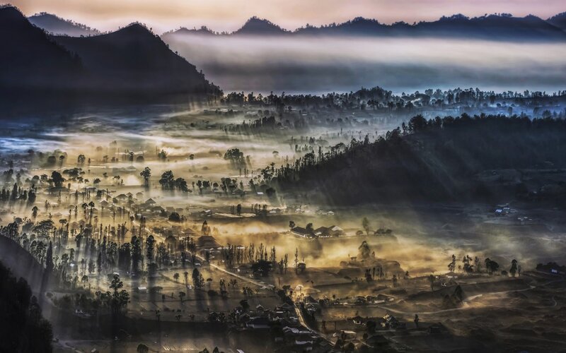 Village in Mountain Valley — Blue, Dramatic, Morning