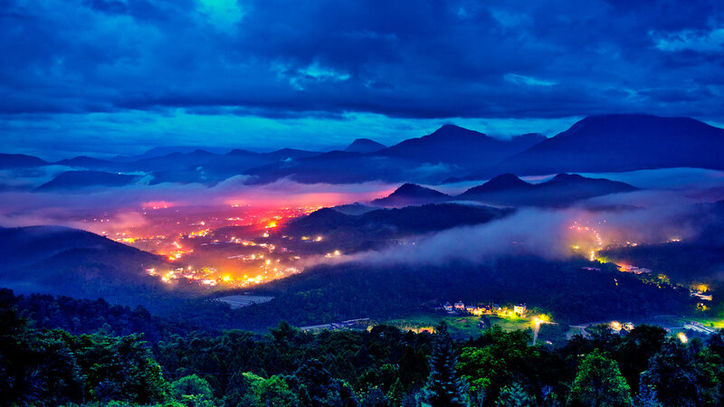 Village in Mountain Valley — Blue, Dramatic, Night, Photograph