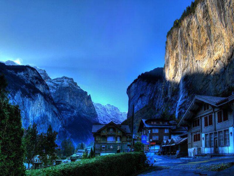 Village in Mountain Valley — Blue, Dramatic, Night