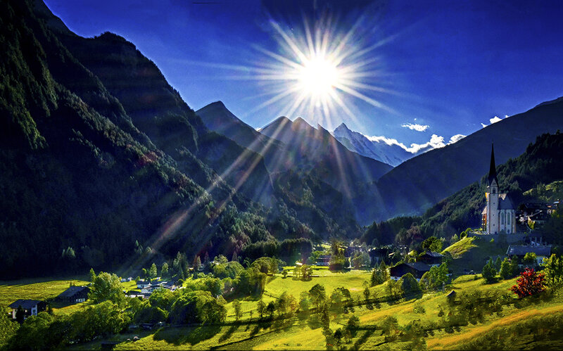 Village in Mountain Valley — Blue, Dramatic