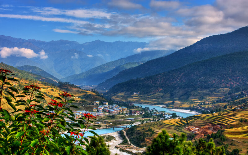 Village in Mountain Valley — Blue, Serene, Afternoon, Photograph, River