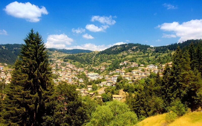 Village in Mountain Valley — Blue, Serene, Afternoon, Photograph, Trees
