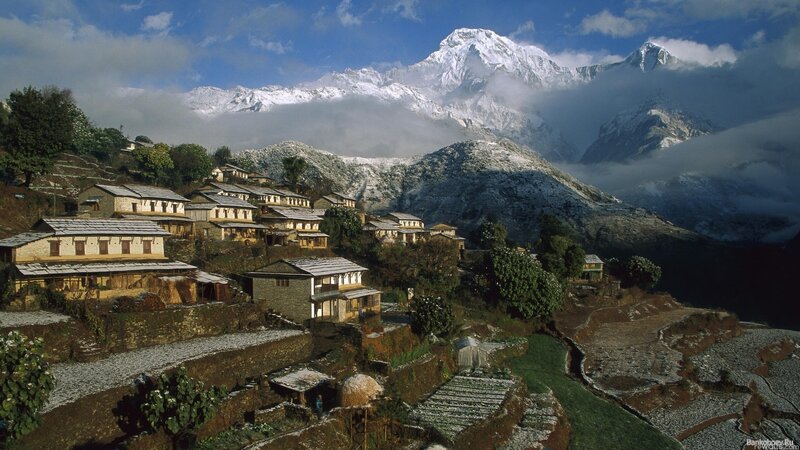 Village in Mountain Valley — Blue, Serene, Morning, Photograph