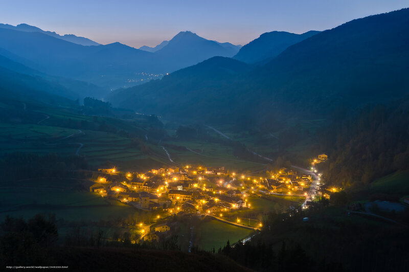 Village in Mountain Valley — Blue, Serene, Night, Photograph, Mountains, Lights, Roads