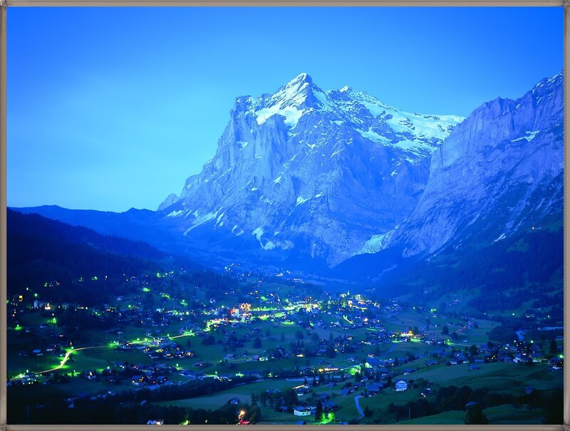 Village in Mountain Valley — Blue, Serene, Night