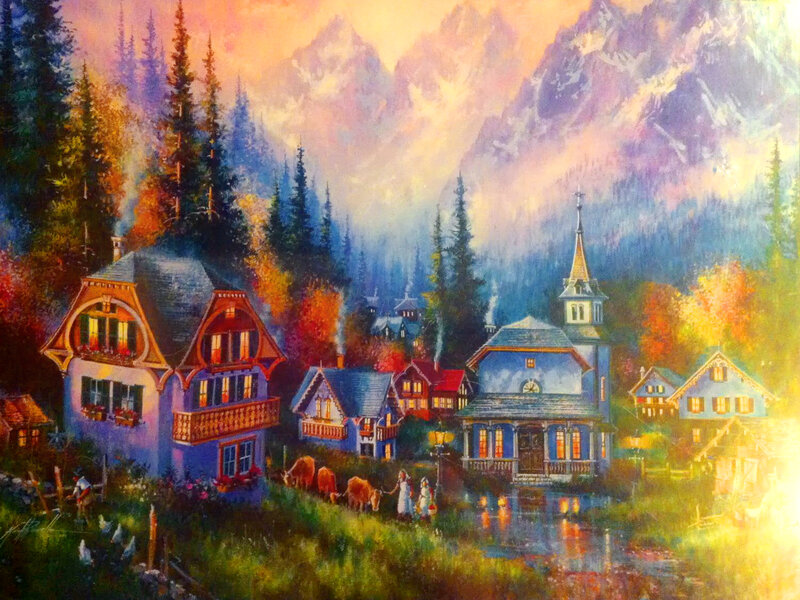 Village in Mountain Valley — Blue, Serene, Sunset, Painting