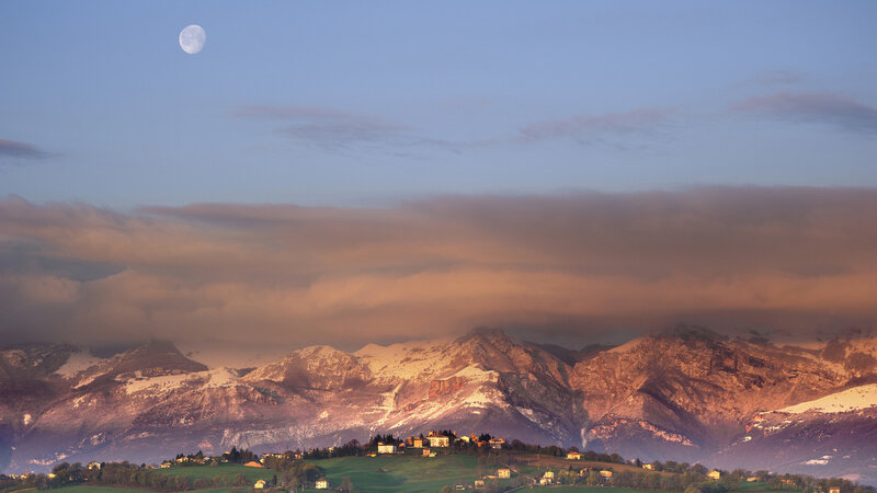 Village in Mountain Valley — Blue, Serene, Sunset