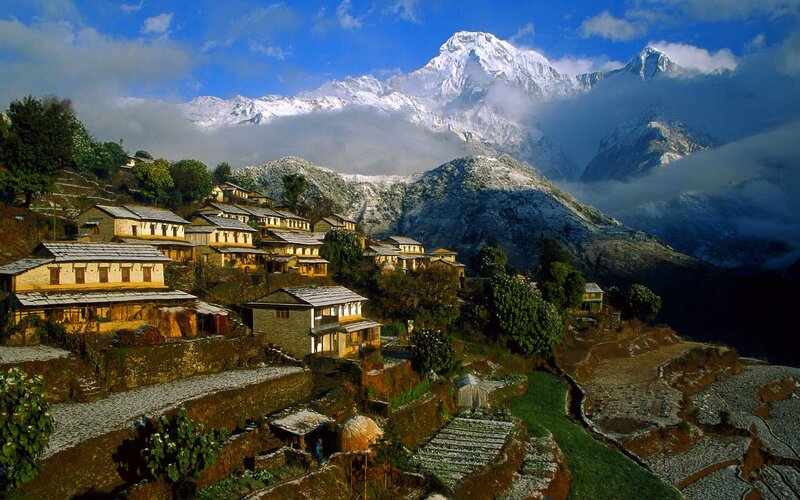 Village in Mountain Valley — Blue, Serene