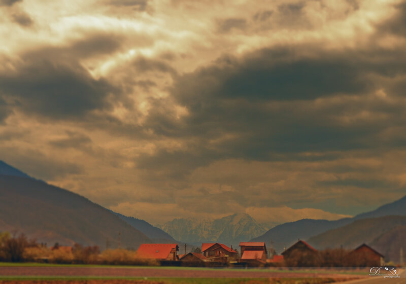 Village in Mountain Valley — Brown, Dramatic