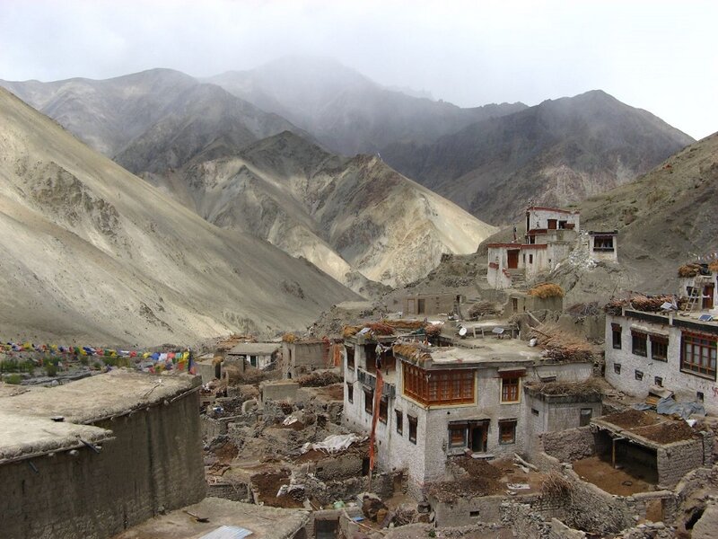 Village in Mountain Valley — Gray, Dramatic, Photograph