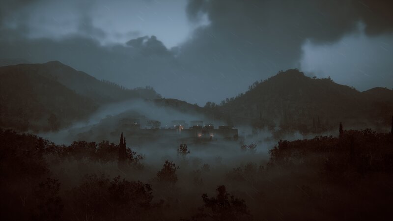 Village in Mountain Valley — Gray, Dreary, Misty