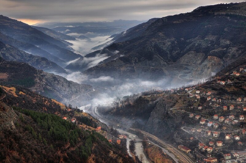 Village in Mountain Valley — Gray