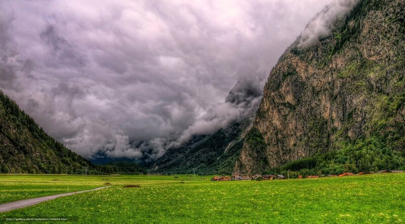Village in Mountain Valley — Green, Dramatic, Afternoon, Photograph, Mountains, Clouds, Field