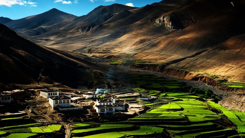 Village in Mountain Valley — Green, Dramatic, Afternoon, Photograph, Mountains, Terraced Fields