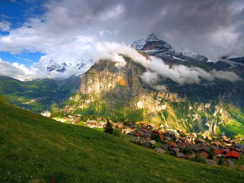 Village in Mountain Valley — Green, Dramatic, Afternoon