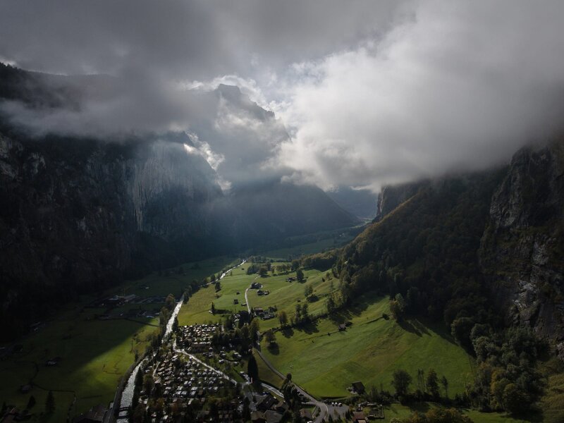 Village in Mountain Valley — Green, Dramatic, Morning, Photograph, Mountains