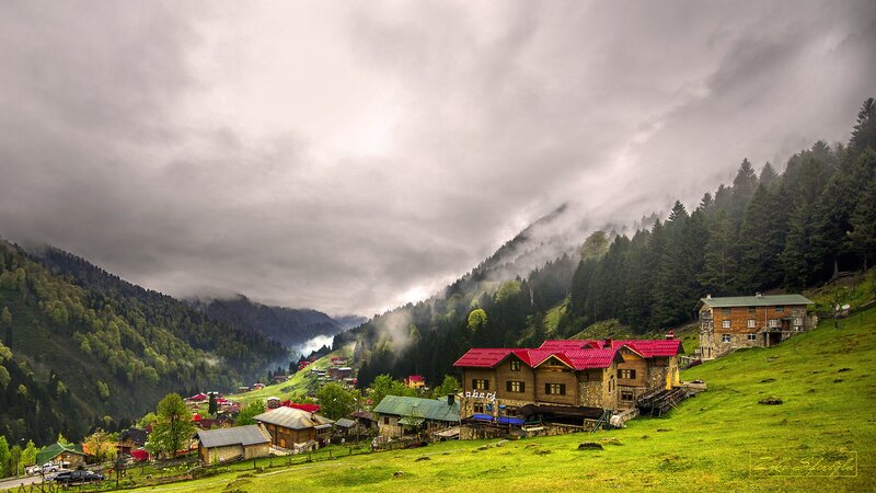 Village in Mountain Valley — Green, Dramatic, Morning, Photograph