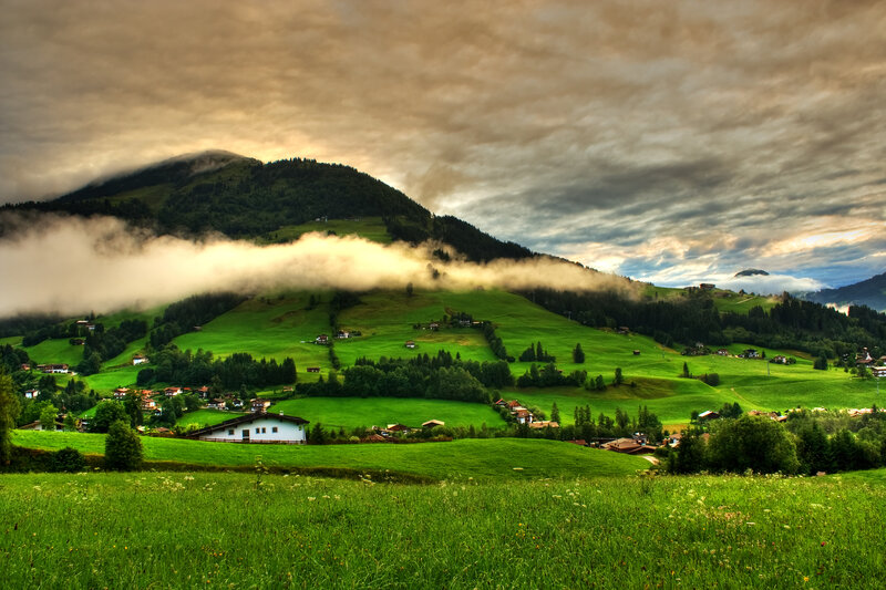 Village in Mountain Valley — Green, Dramatic, Morning