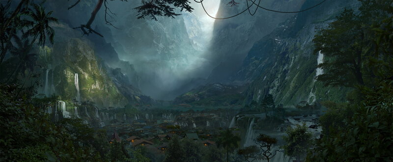 Village in Mountain Valley — Green, Dramatic, Night