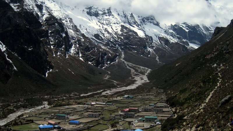 Village in Mountain Valley — Green, Dramatic, Photograph, Snow-capped Mountains