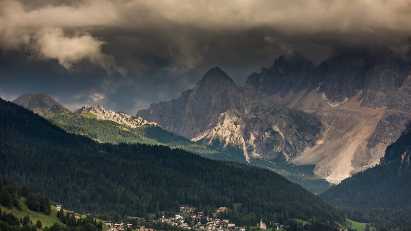 Village in Mountain Valley — Green, Dramatic, Photograph