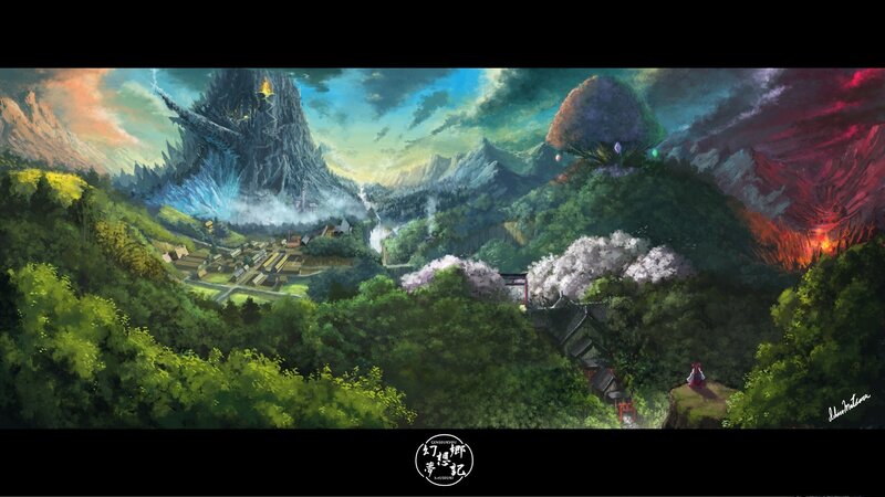 Village in Mountain Valley — Green, Dramatic, Sunset, Digital Art