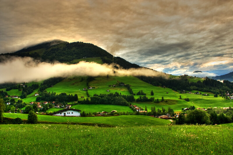 Village in Mountain Valley — Green, Dramatic