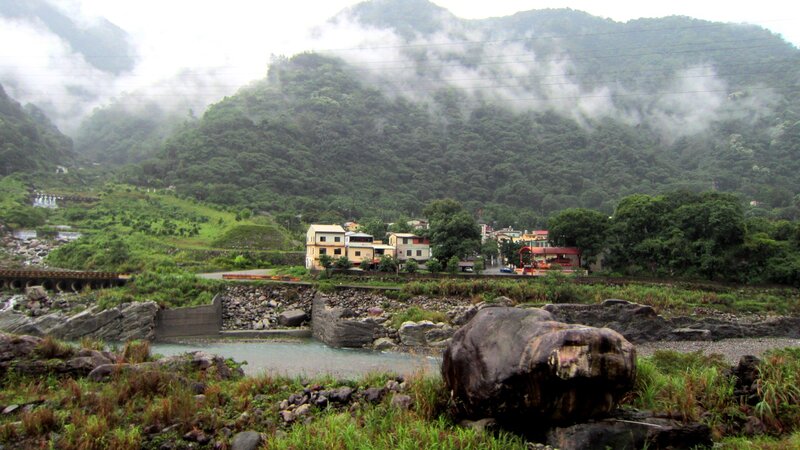 Village in Mountain Valley — Green, Misty, Photograph, River