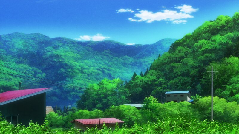 Village in Mountain Valley — Green, Serene, Afternoon, Anime, Mountains